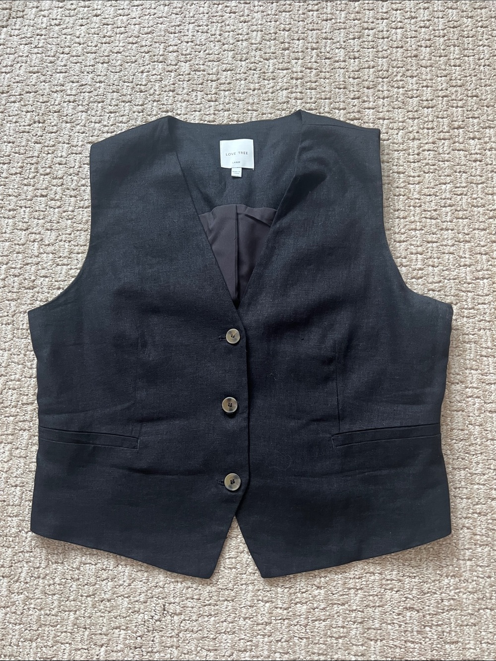 Love Tree Black Linen-Blend Women's Vest with Button Front